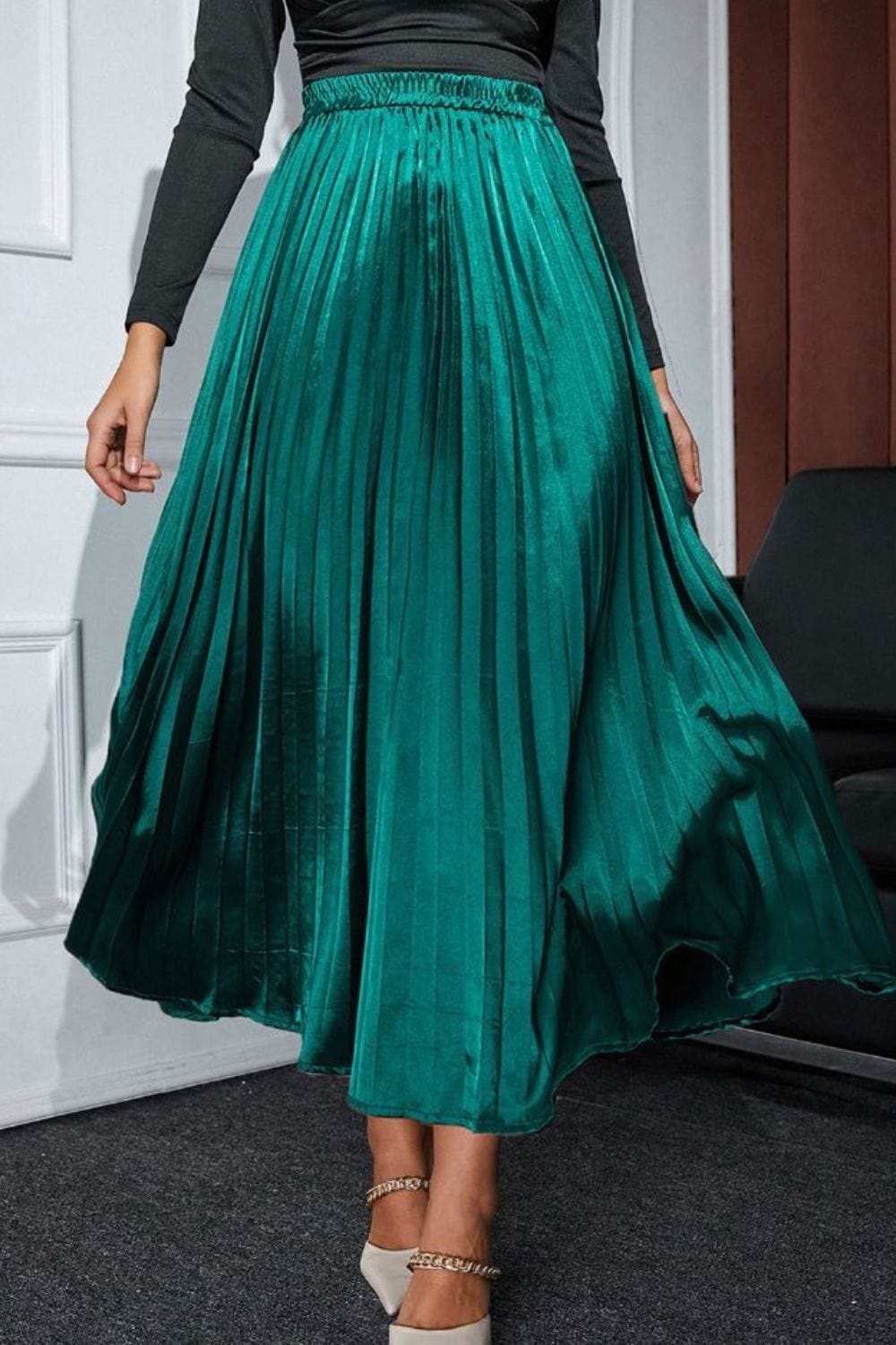 Elastic Waist Pleated Midi Skirt - Trendsi - Flyclothing LLC