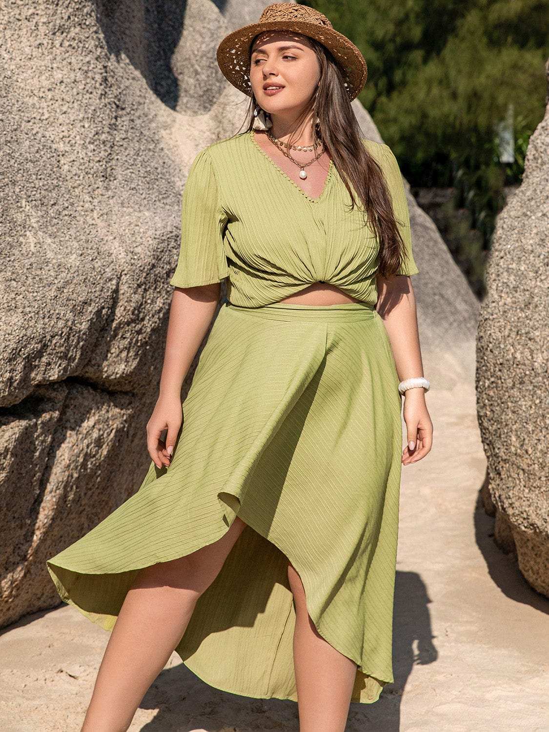 Plus Size V-Neck Half Sleeve Top and High-Low Skirt Set - Trendsi - Flyclothing LLC