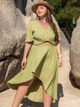 Plus Size V-Neck Half Sleeve Top and High-Low Skirt Set - Trendsi - Flyclothing LLC
