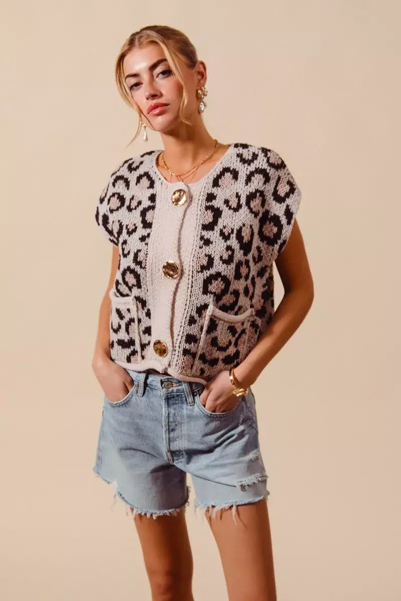 SO ME Big Metal Button Front Leopard Sweater Vest Top - Trendsi - Flyclothing LLC