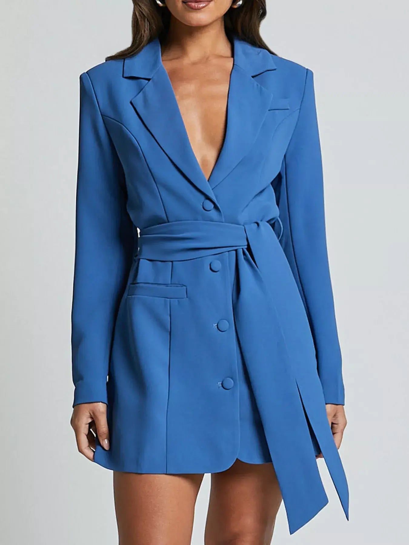 Lapel Collar Tie Waist Blazer - Trendsi - Flyclothing LLC
