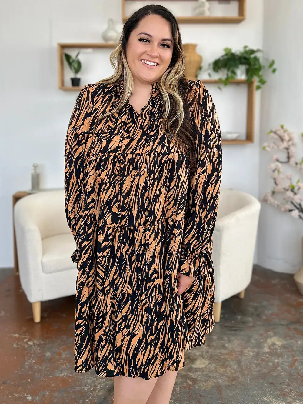 Double Take Full Size Printed Ruffle Hem Long Sleeve Dress - Trendsi - Flyclothing LLC