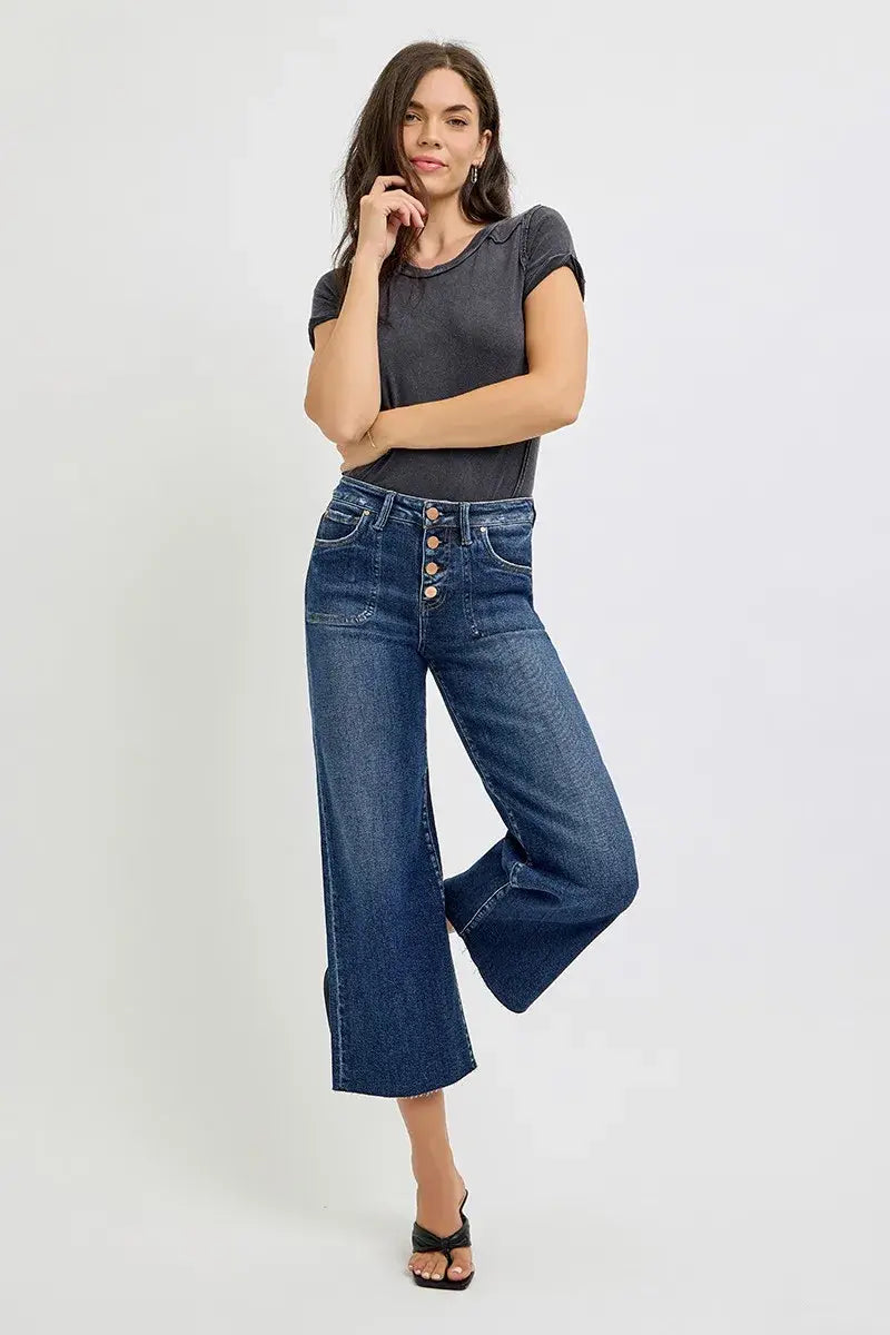 RISEN Full Size High Rise Crop Wide Button Up Jeans Plus Size - Trendsi - Flyclothing LLC