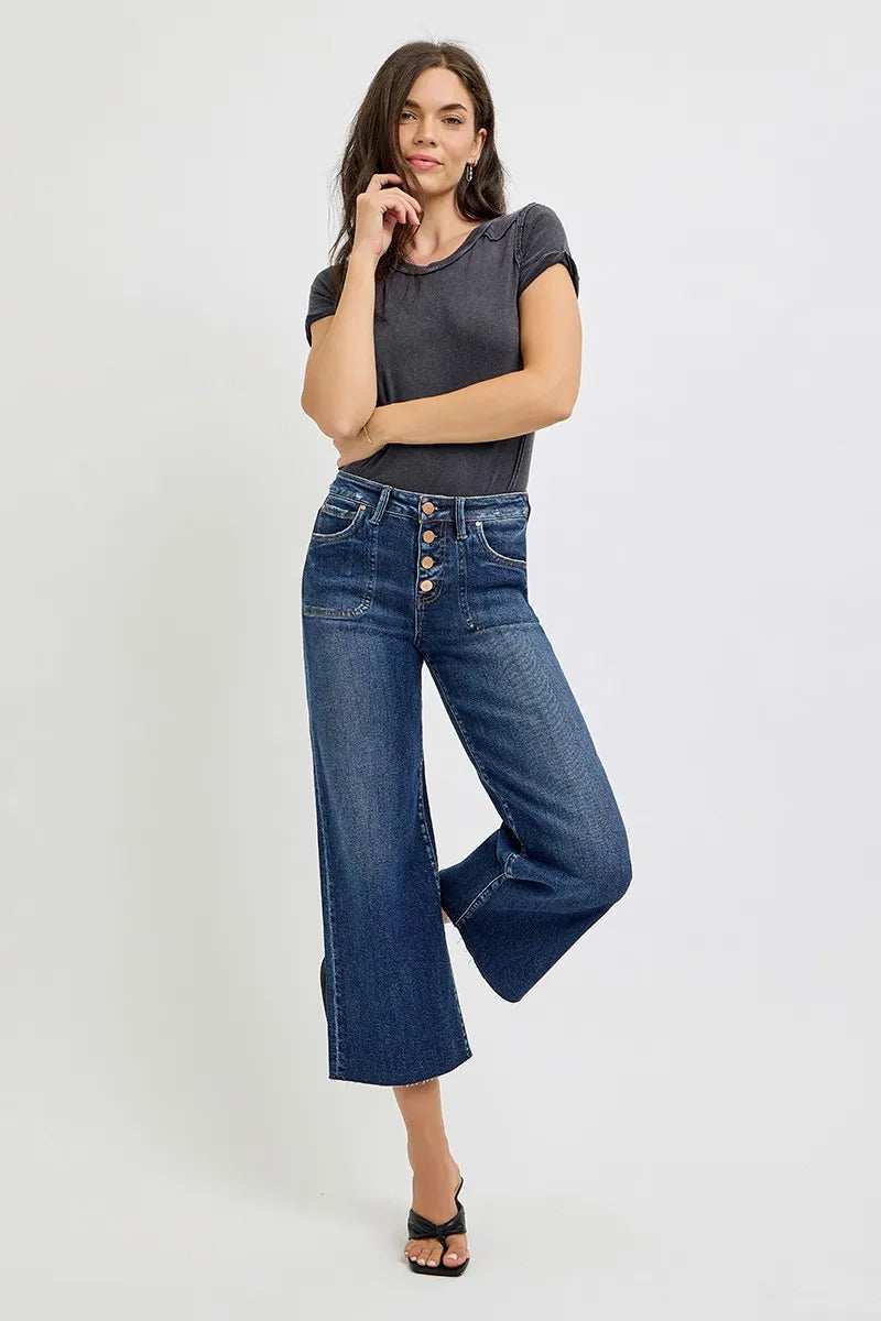 RISEN Full Size High Rise Crop Wide Button Up Jeans Plus Size - Trendsi - Flyclothing LLC