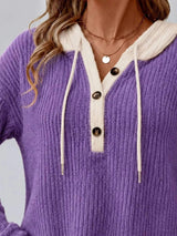 Full Size Drawstring Button Detail Hooded Sweater Plus Size - Trendsi - Flyclothing LLC