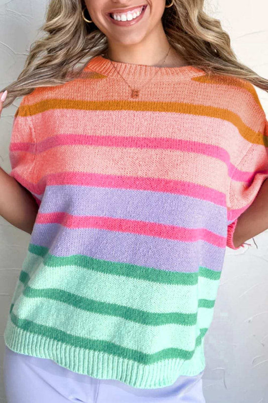 Striped Round Neck Half Sleeve Sweater - Trendsi - Flyclothing LLC