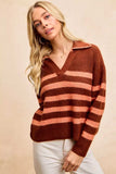 BiBi Striped Sweater Top with Collar Stitched Details - Trendsi - Flyclothing LLC