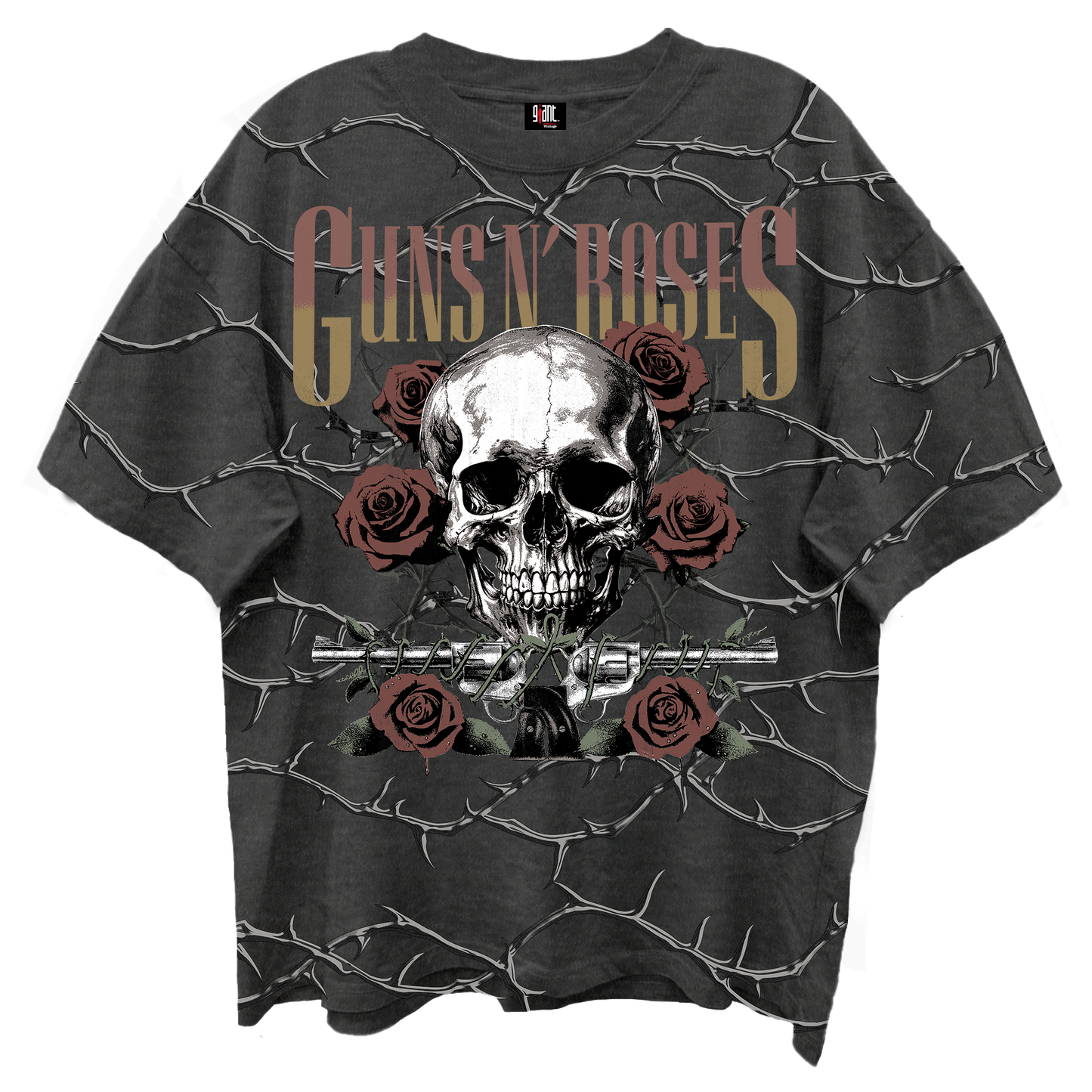 GUNS N ROSES SKULL ROSES FRONT/BCK VINTAGE BLACK ENZYME WASH T-SHIRT/GIANT VINTAGE