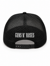 Guns N Roses 
Sublimation Print Patch,
Screen Print Checker Bill,
Flat Embroidery Black/White 5 Panel Trucker Hat