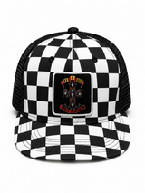 Guns N Roses 
Sublimation Print Patch,
Screen Print Checker Bill,
Flat Embroidery Black/White 5 Panel Trucker Hat