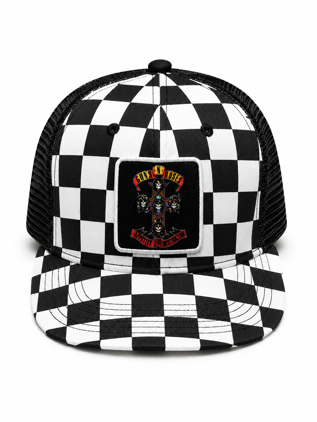 Guns N Roses 
Sublimation Print Patch,
Screen Print Checker Bill,
Flat Embroidery Black/White 5 Panel Trucker Hat