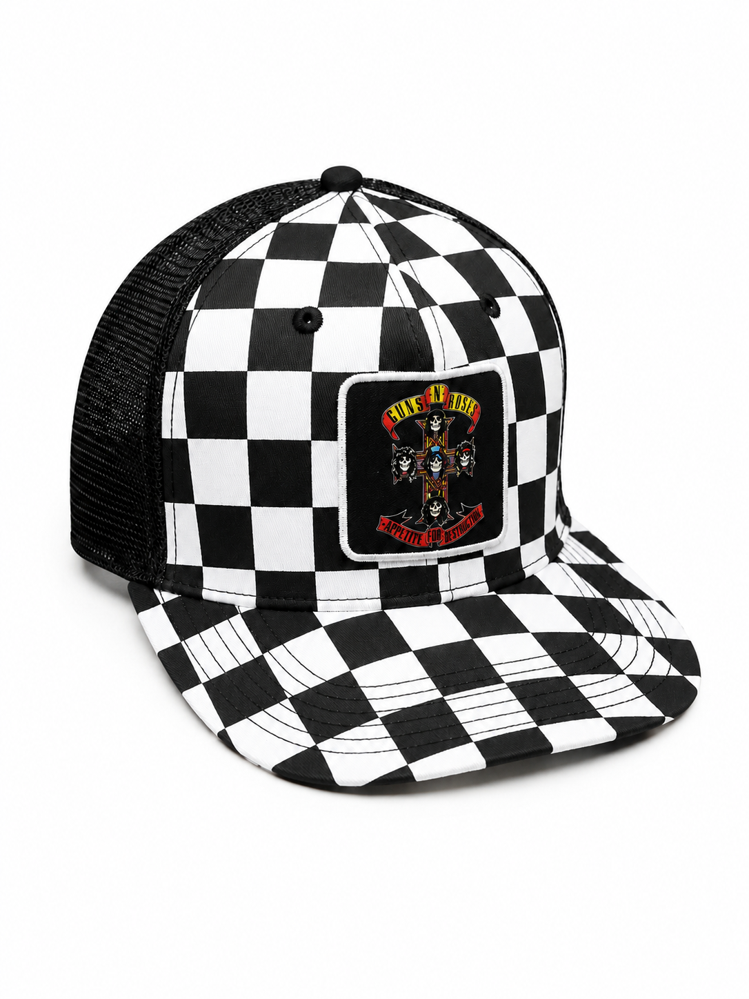 Guns N Roses 
Sublimation Print Patch,
Screen Print Checker Bill,
Flat Embroidery Black/White 5 Panel Trucker Hat
