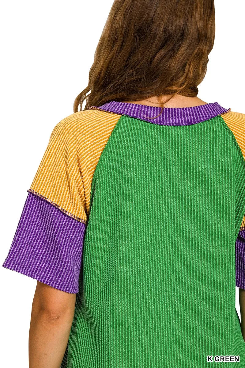 Zenana Mardi Gras Raised Rib Color Block Top - Trendsi - Flyclothing LLC