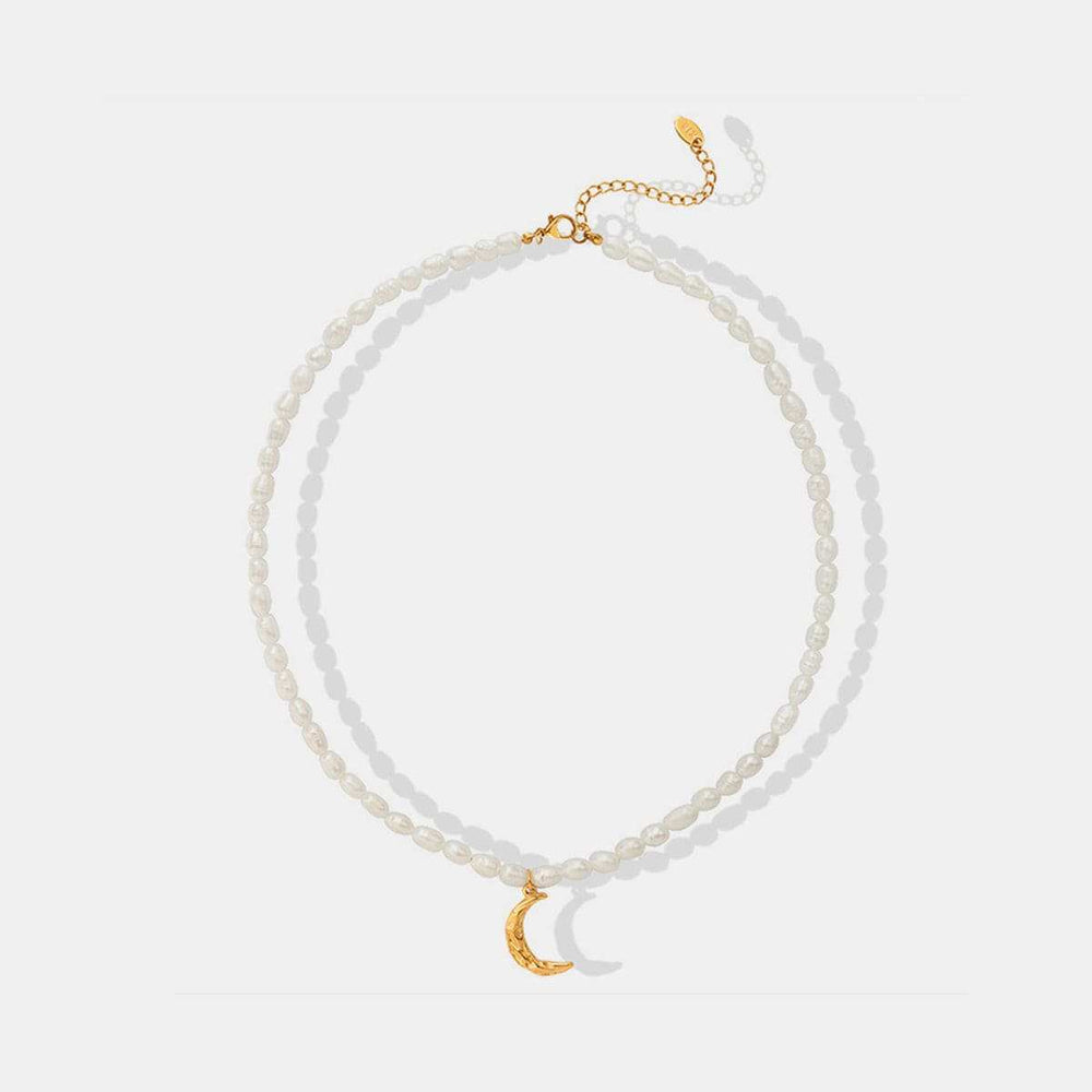 Pearl Titanium Steel Moon Shape Pendant Necklace - Trendsi - Flyclothing LLC
