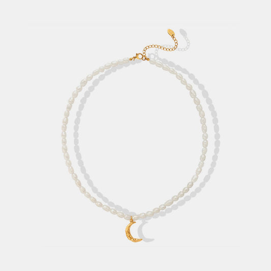 Pearl Titanium Steel Moon Shape Pendant Necklace - Trendsi