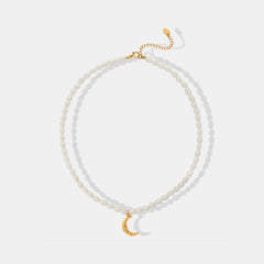 Pearl Titanium Steel Moon Shape Pendant Necklace - Trendsi