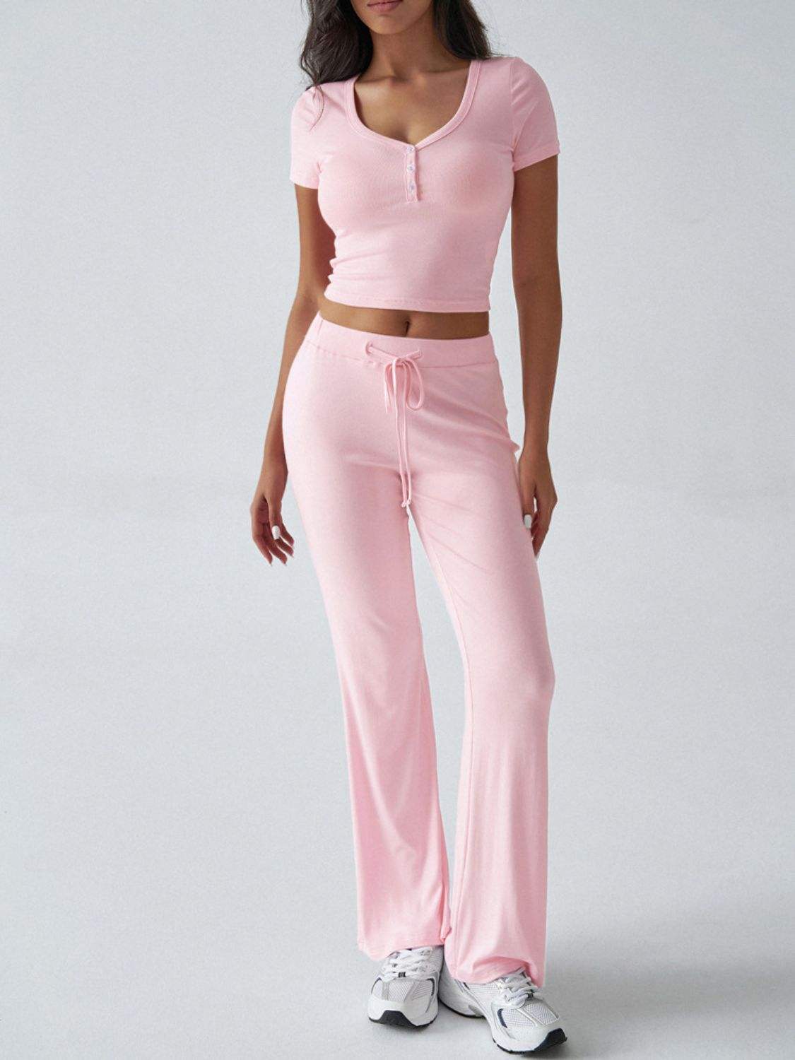 Devine Short Sleeve Top and Drawstring Pants Set - Trendsi - Flyclothing LLC