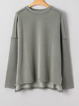 Twist Ribbed Exposed Seam Detail Long Sleeve Loose Top - Trendsi - Flyclothing LLC