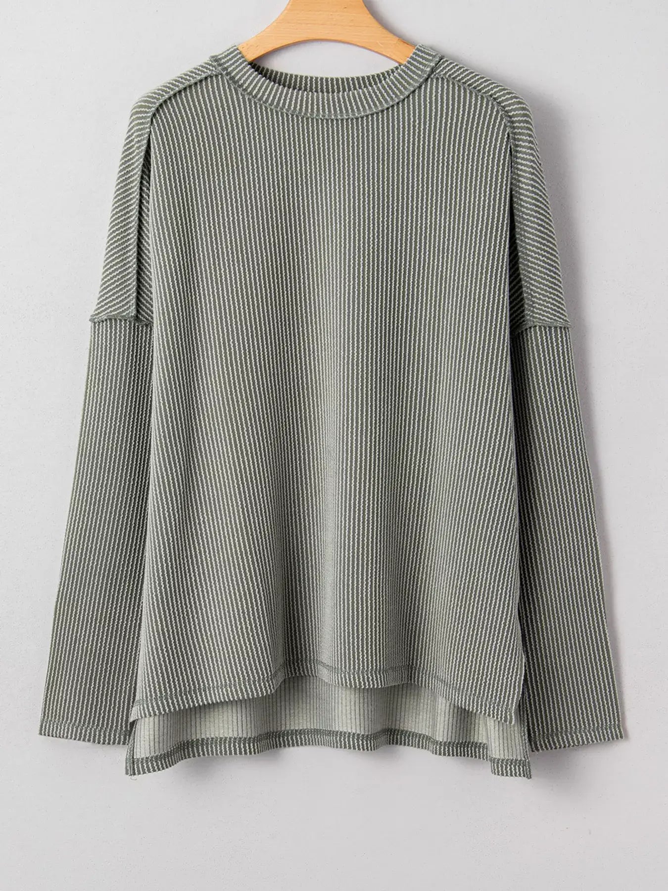 Twist Ribbed Exposed Seam Detail Long Sleeve Loose Top - Trendsi - Flyclothing LLC