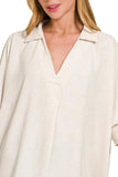 Zenana Airflow Collar Tee with Smocked Sleeve Band Top - Trendsi