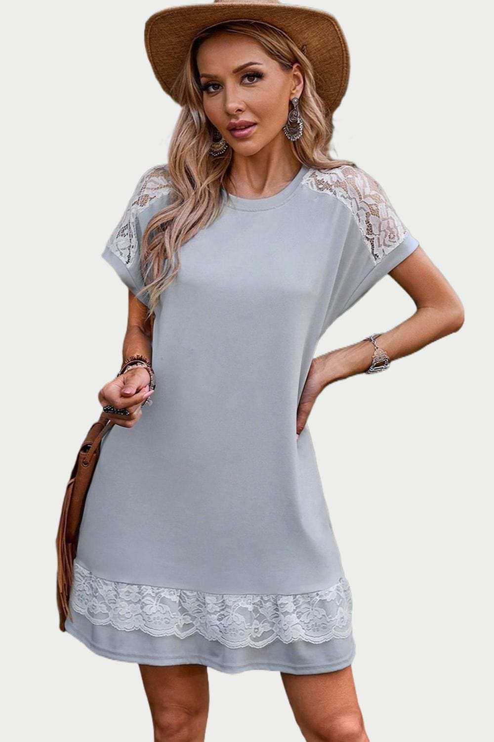 Lace Detail Round Neck Short Sleeve Dress - Trendsi - Flyclothing LLC