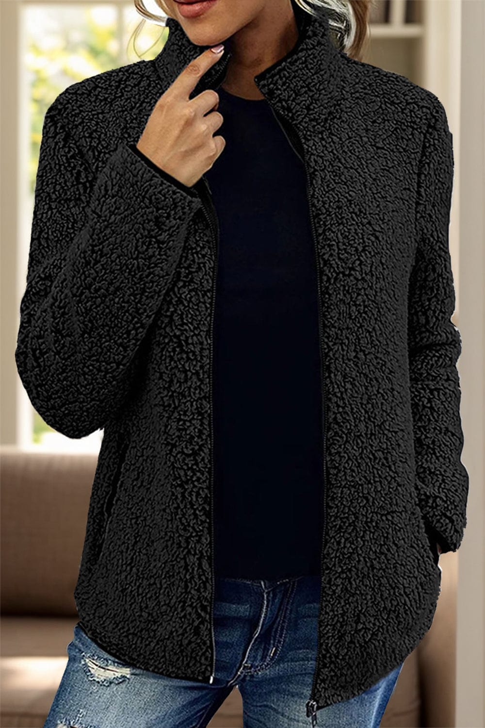 Pocketed Zip Up Turtleneck Jacket - Trendsi