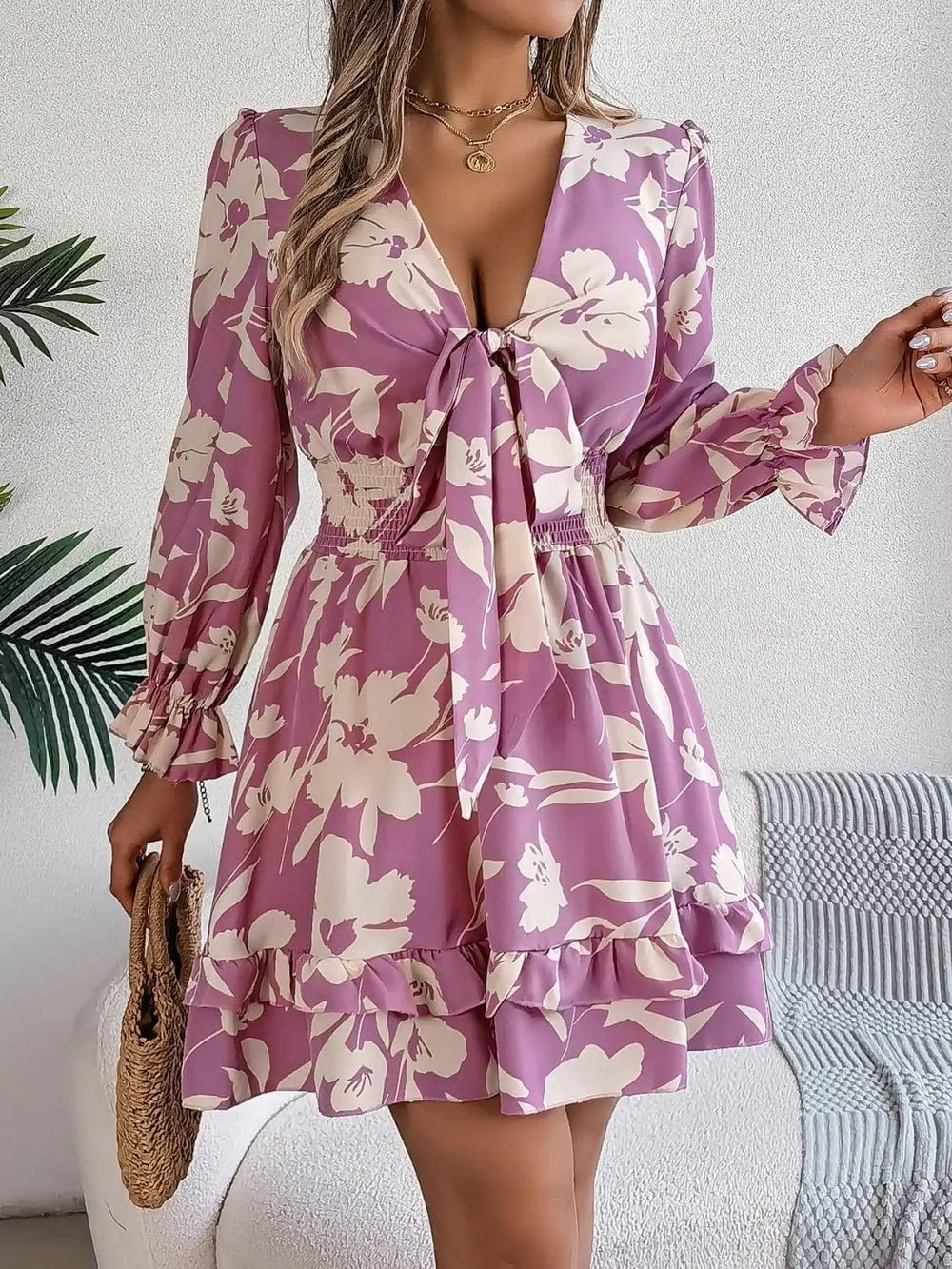 Tied Ruffled Printed Long Sleeve Dress - Trendsi