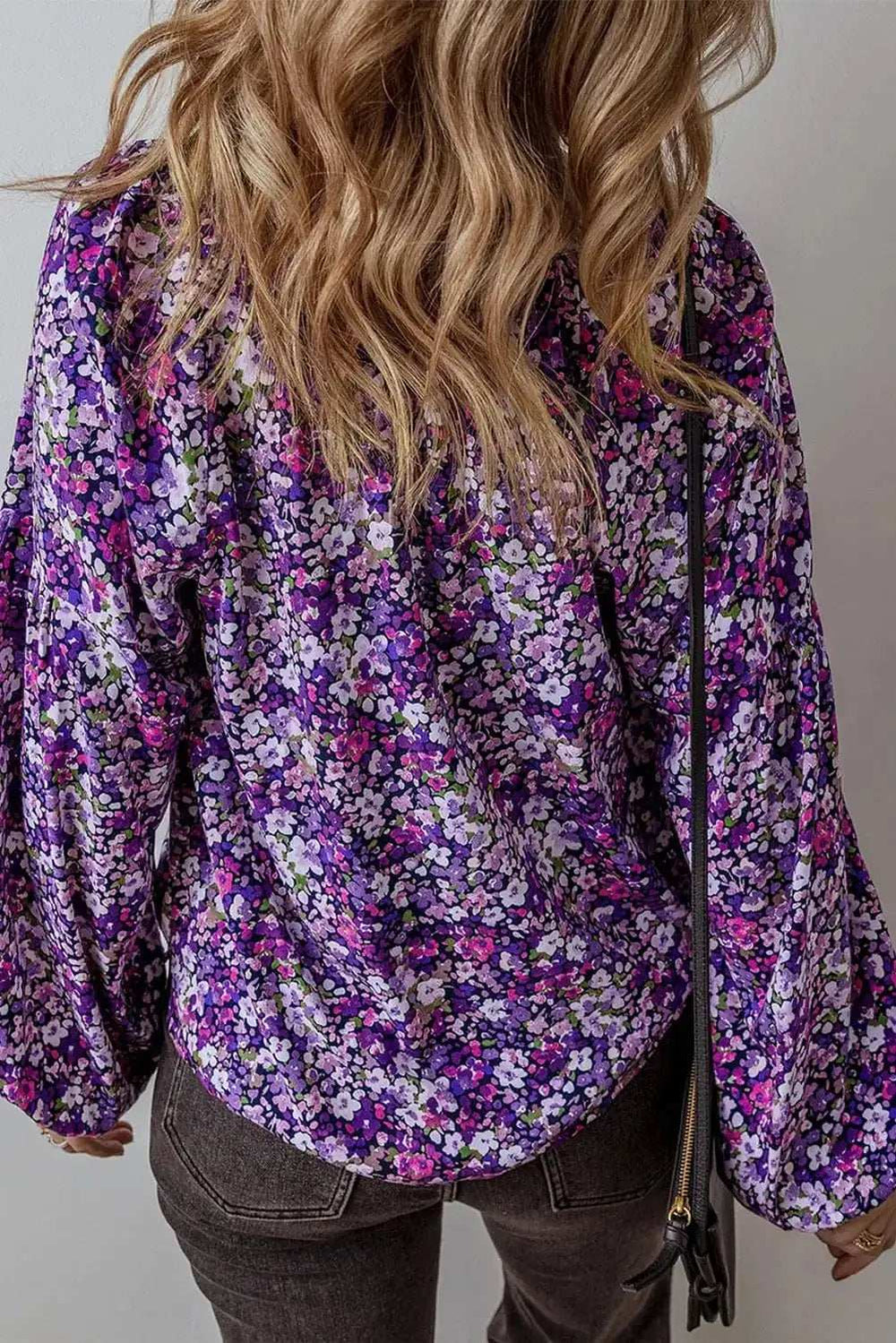 Floral Tie Neck Long Sleeve Blouse - Trendsi - Flyclothing LLC