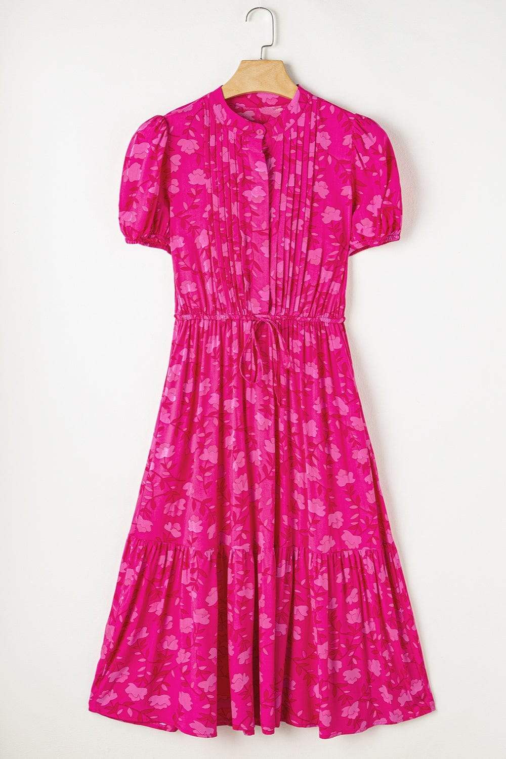 Drawstring Printed Short Sleeve Midi Dress - Trendsi - Flyclothing LLC
