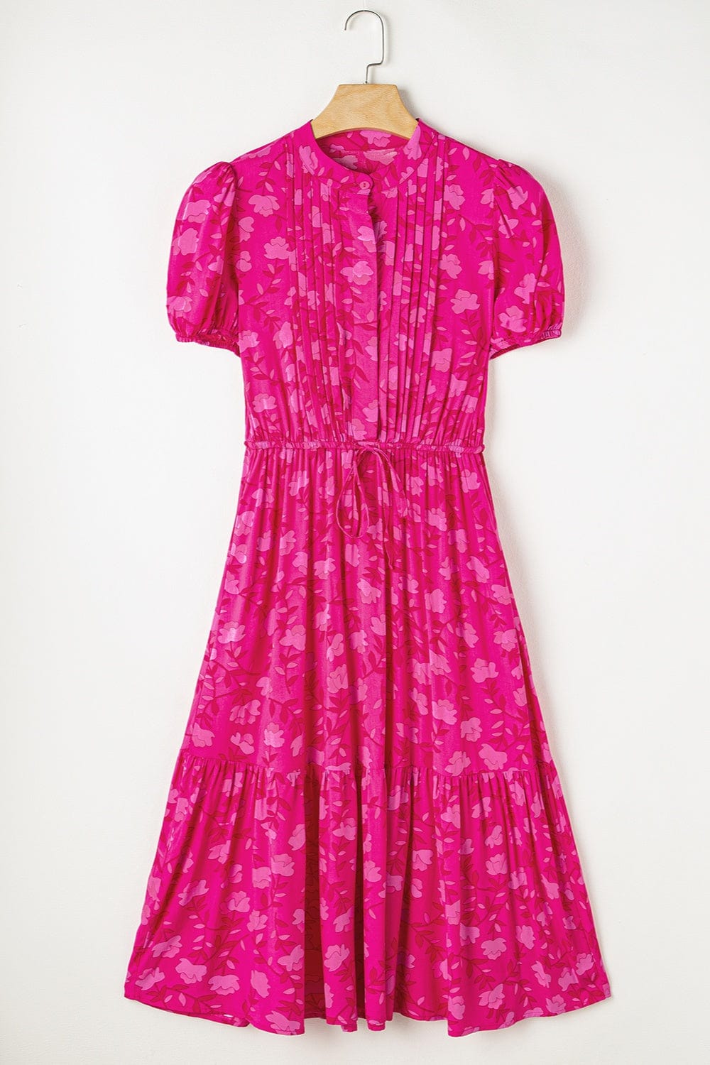 Drawstring Printed Short Sleeve Midi Dress - Trendsi