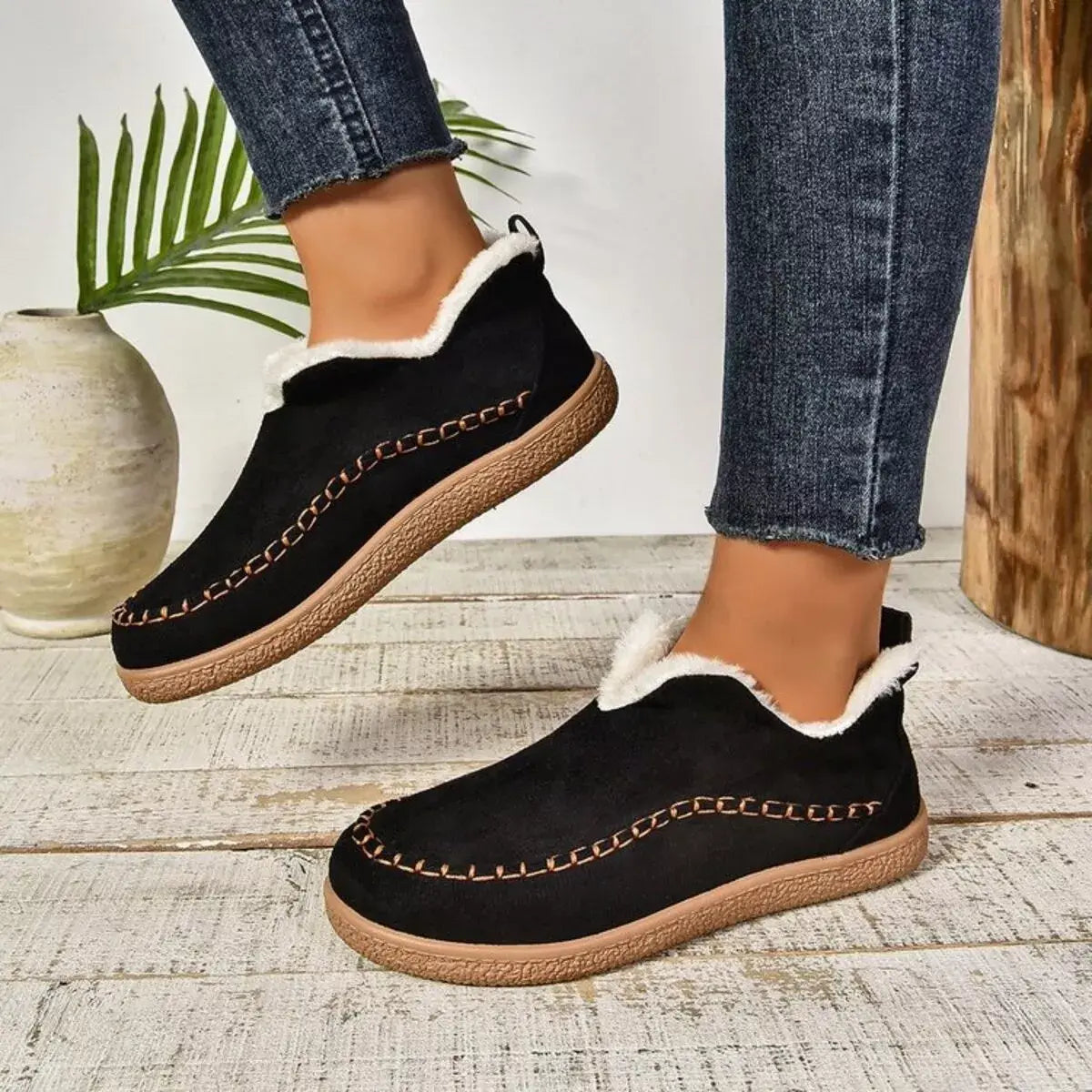 Round Toe Sherpa-Lined Slip-Ons - Trendsi - Flyclothing LLC