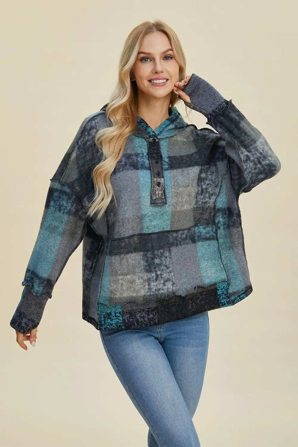 Double Take Full Size Plaid Dropped Shoulder Hoodie - Trendsi - Flyclothing LLC
