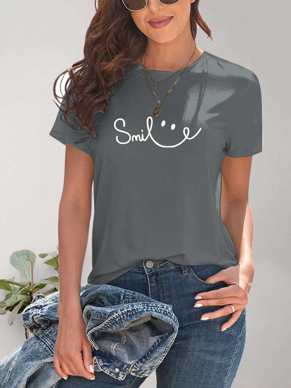 SMILE Round Neck Short Sleeve T-Shirt - Trendsi - Flyclothing LLC