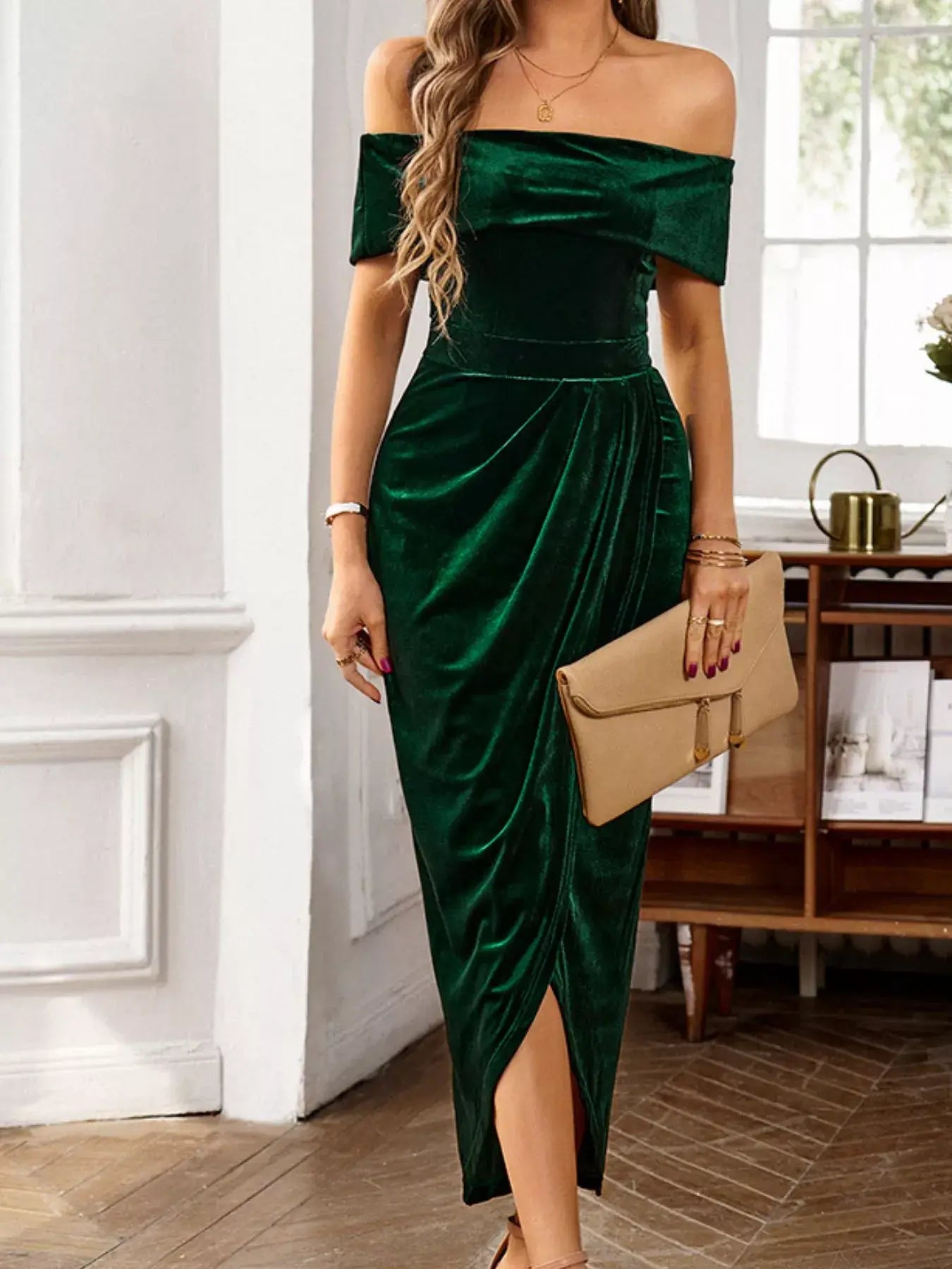 Velvet Off-Shoulder Ruched Midi Dress - Trendsi - Flyclothing LLC