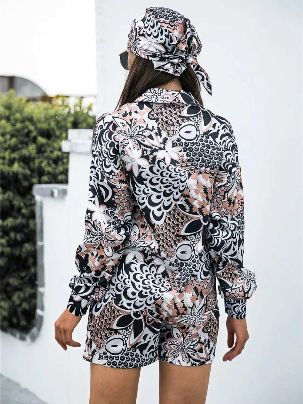 Printed Button Up Long Sleeve Shirt and Shorts Set - Trendsi - Flyclothing LLC