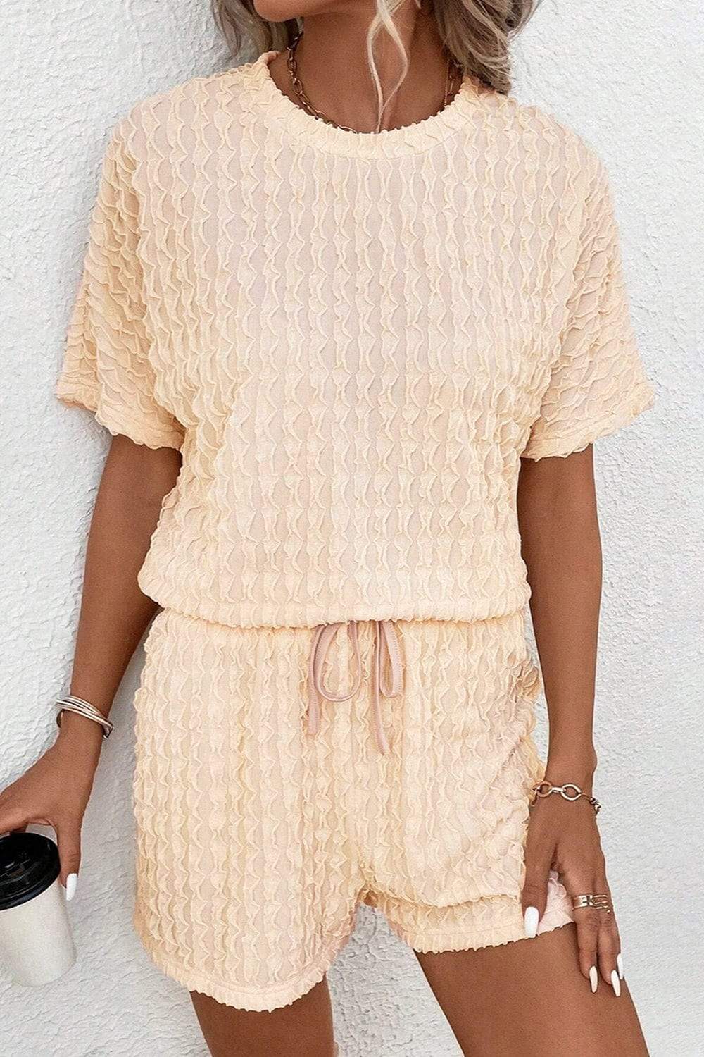 Textured Round Neck Top and Shorts Set - Trendsi - Flyclothing LLC