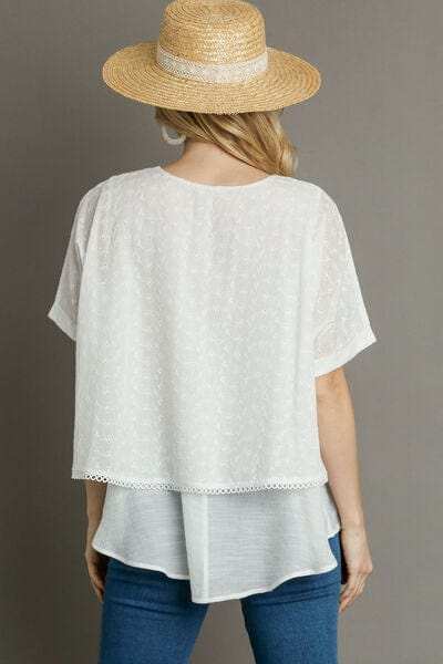 Umgee Full Size Eyelet Layered Short Sleeve Blouse Plus Size - Trendsi - Flyclothing LLC