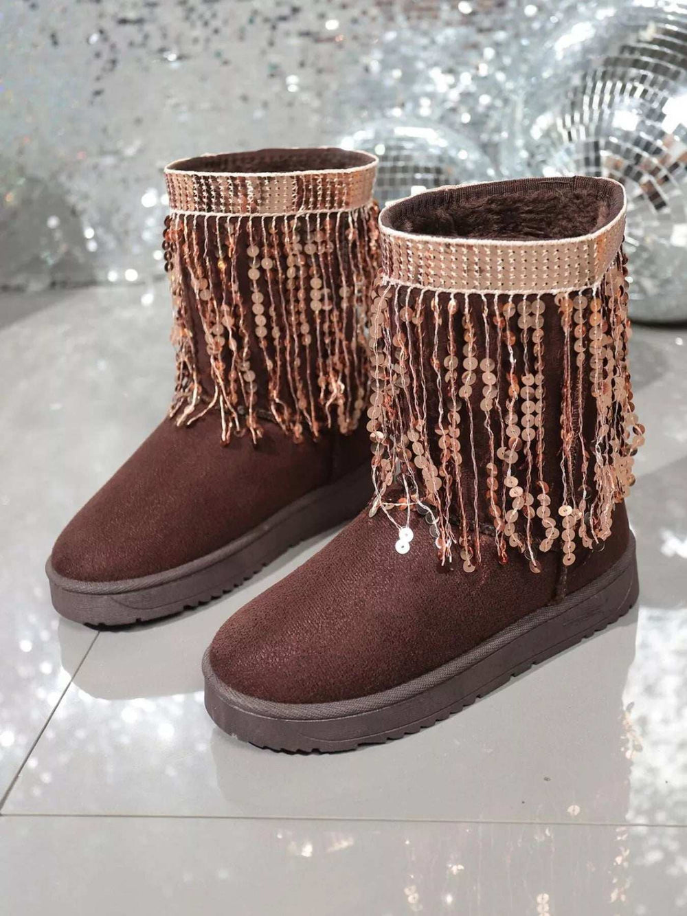 Sequin Fringe Suede Winter Boots - Trendsi - Flyclothing LLC