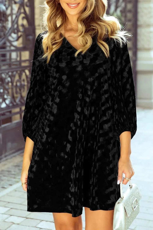 V-Neck Three-Quarter Sleeve Velvet Mini Dress - Trendsi - Flyclothing LLC