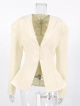 V-Neck Button-Up Blazer with Structured Shoulders - Trendsi - Flyclothing LLC