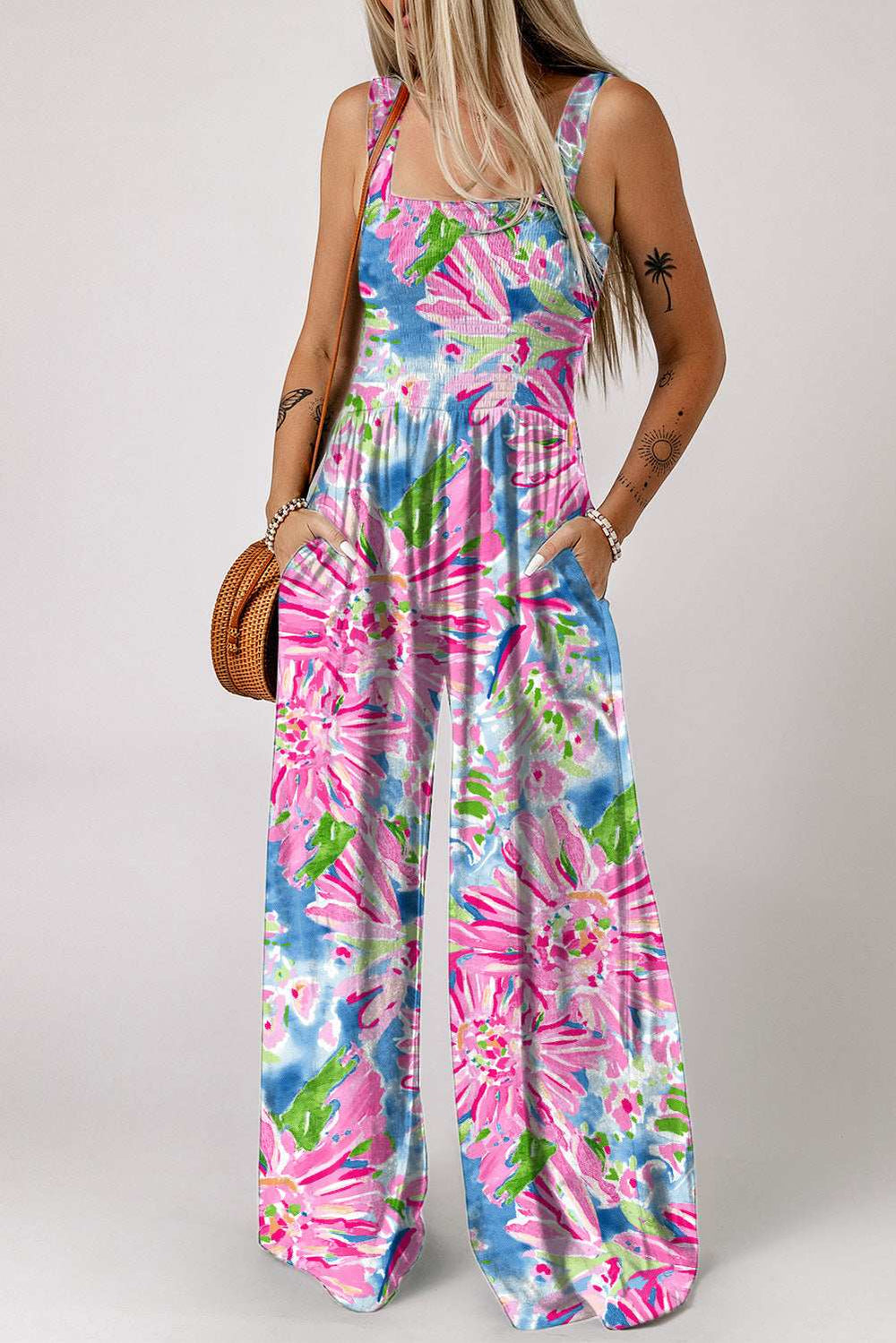 Floral Smocked Square Neck Jumpsuit with Pockets - Trendsi - Flyclothing LLC