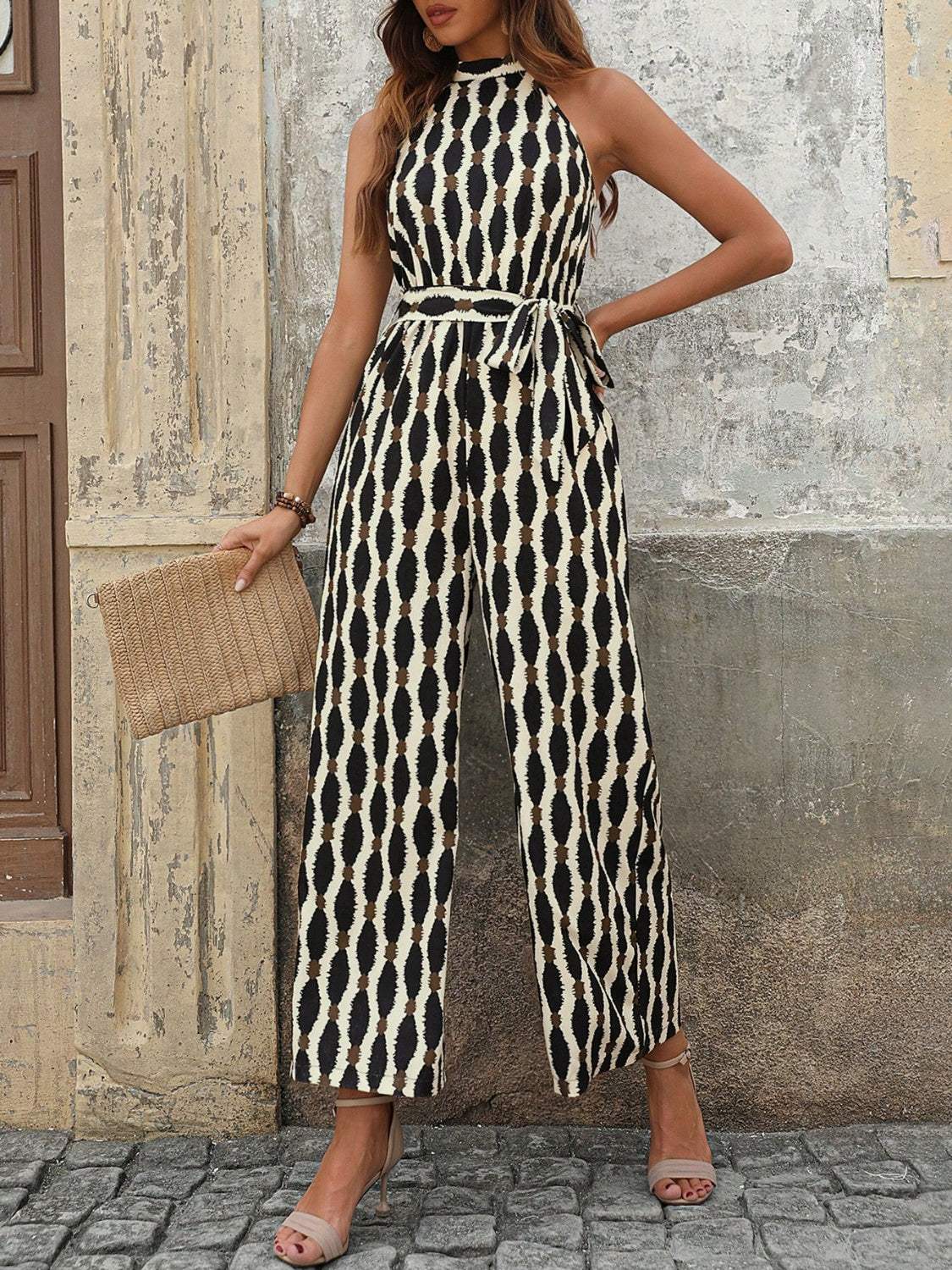 Tied Printed Grecian Neck Jumpsuit - Trendsi - Flyclothing LLC
