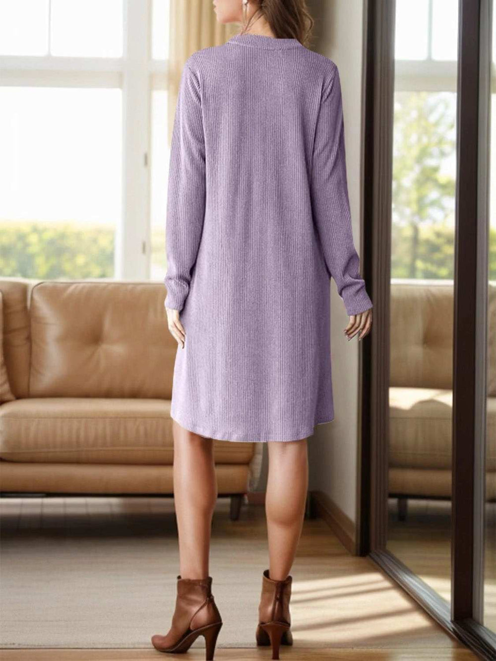 Notched Long Sleeve Mini Dress with Pockets - Trendsi - Flyclothing LLC
