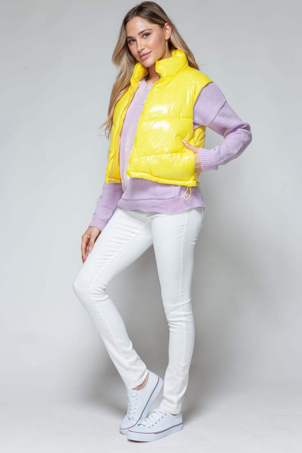 Snobbish Zip Up Turtleneck Shiny Quilted Vest - Trendsi - Flyclothing LLC