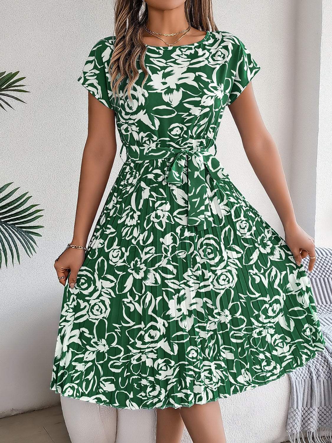Tied Pleated Printed Short Sleeve Dress - Trendsi - Flyclothing LLC