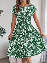 Tied Pleated Printed Short Sleeve Dress - Trendsi - Flyclothing LLC