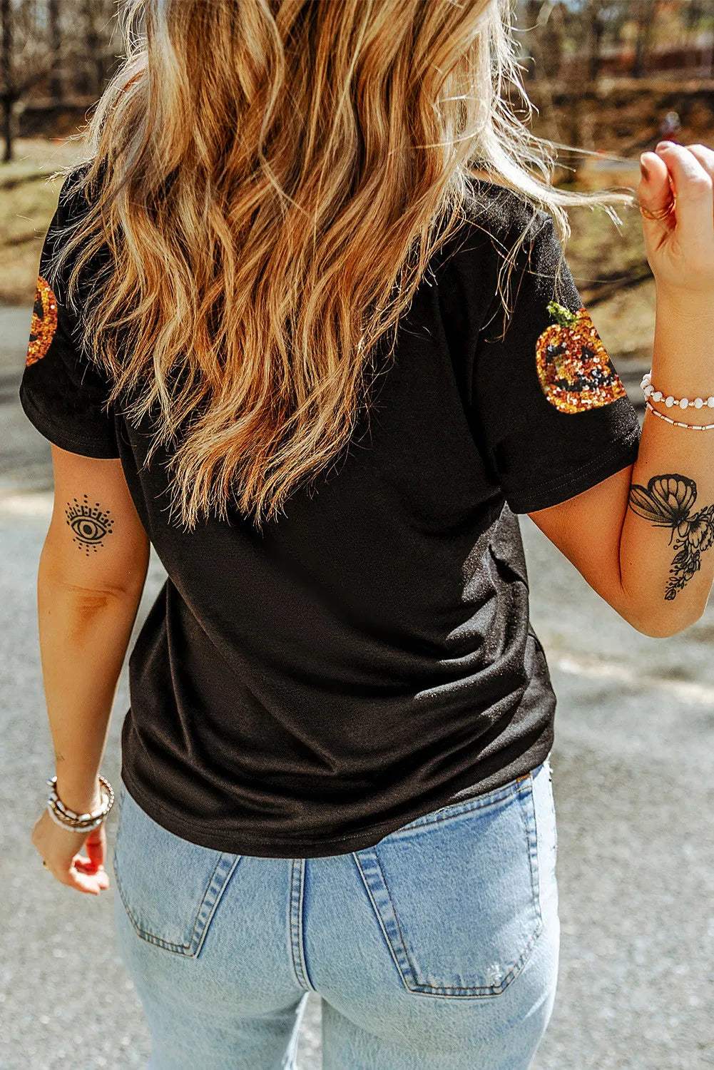 Sequin Pumpkin Round Neck Short Sleeve T-Shirt - Trendsi - Flyclothing LLC