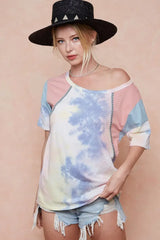 BiBi Tie Dye Printed Cotton Color Block T-Shirt - Trendsi - Flyclothing LLC