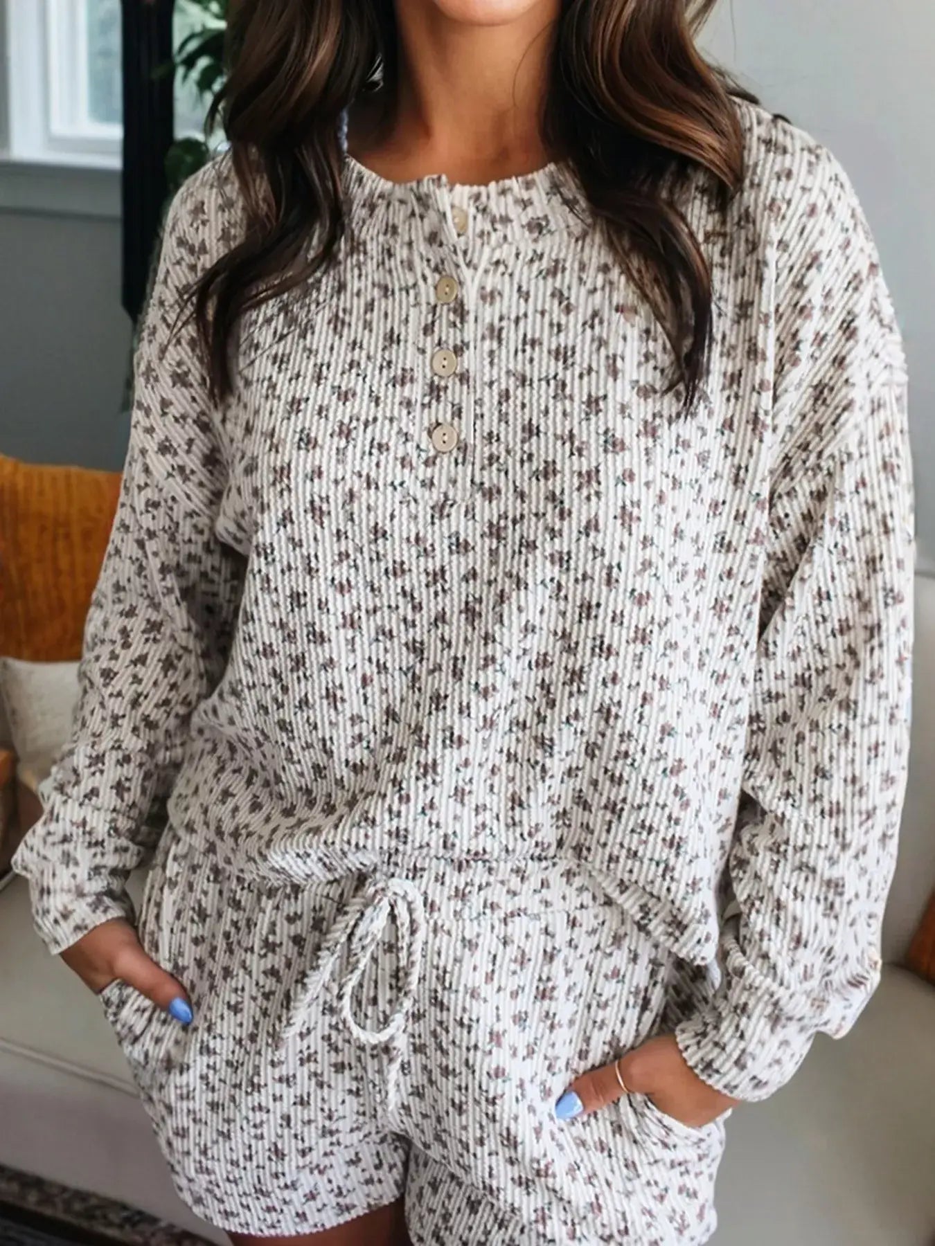 Spiral Ribbed Floral Print Long Sleeve Henley Top Drawstring Short Set - Trendsi - Flyclothing LLC