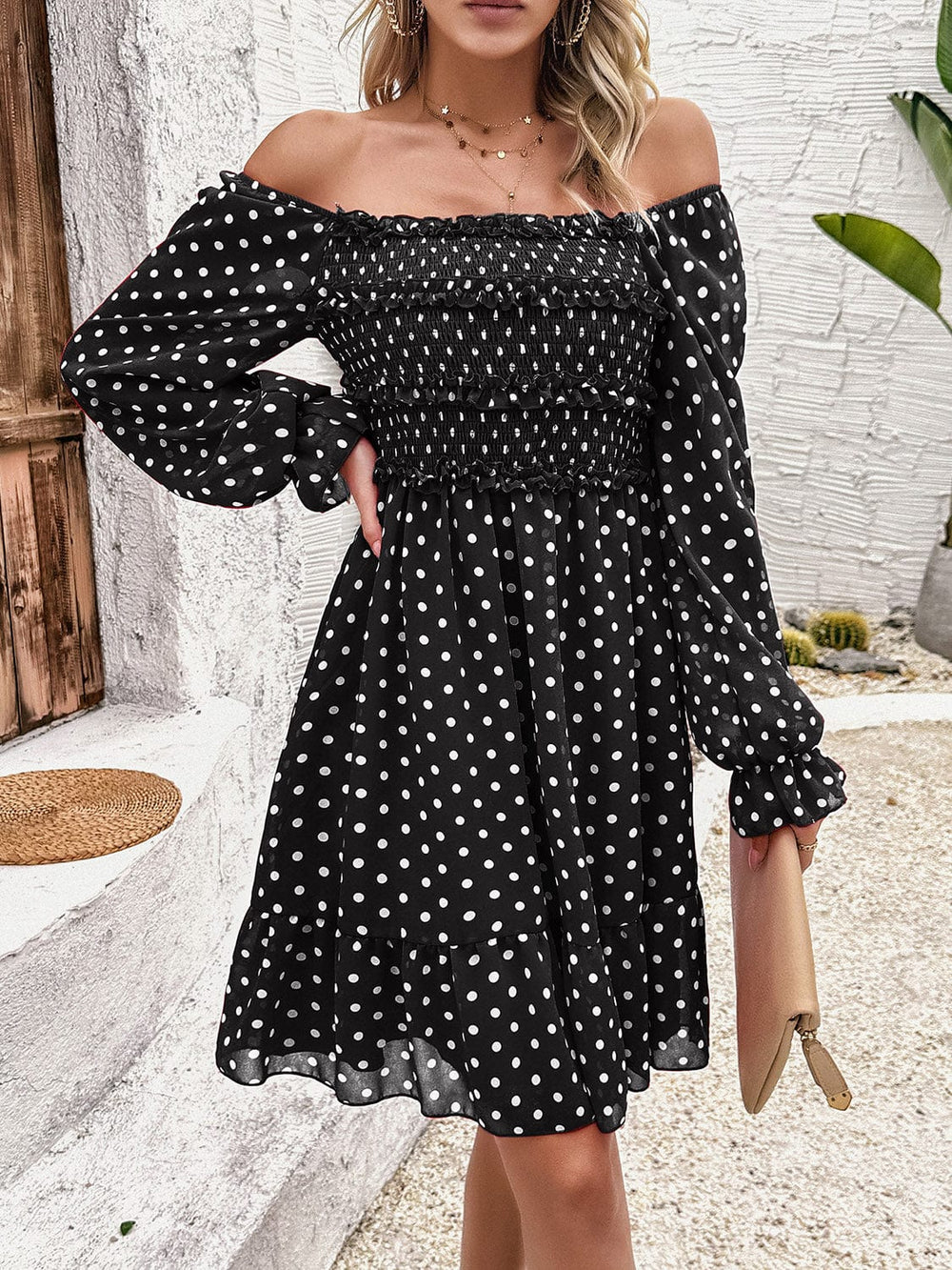 Smocked Polka Dot Long Sleeve Dress - Trendsi